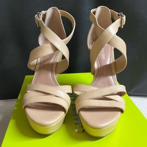 Gianni Bini high wedges leather straps, tan, size 6.5, like new.